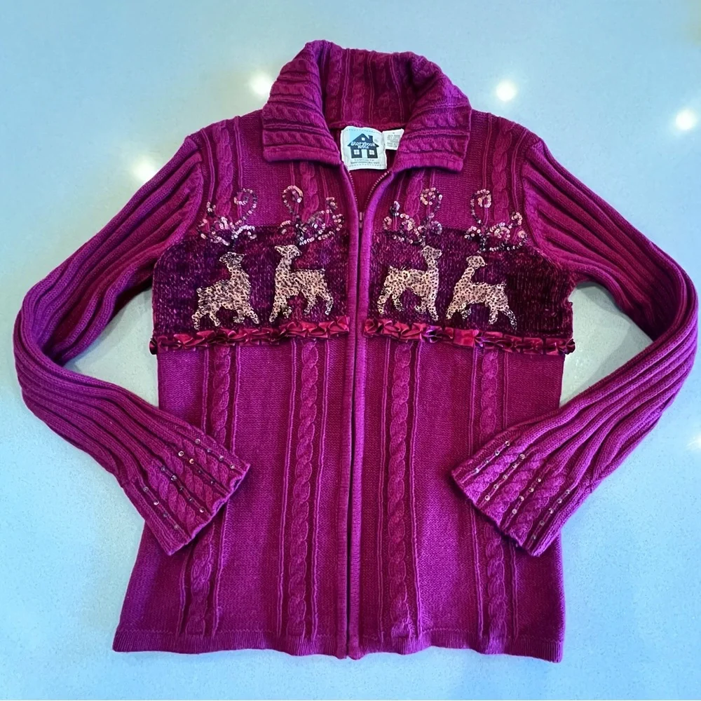 Vintage Storybook Knits Burgundy Sweater Sequin Deer Ribbon Zip up Sz Small - Picture 7 of 13